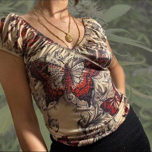 RARE Y2K Rhinestone Butterfly Fitted Blouse - M